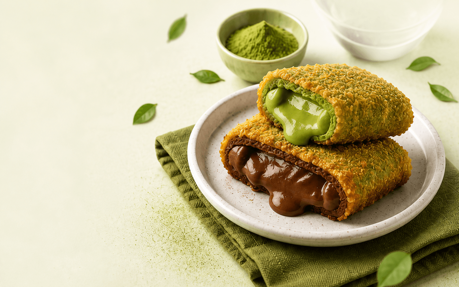 Risol matcha dan coklat lumer di atas piring